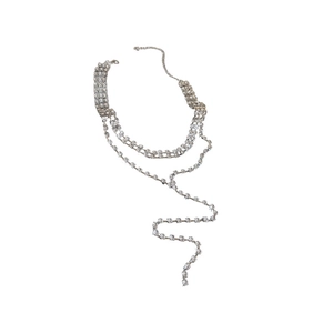 Silver square tassel necklace with layered rhinestones and elegant choker design
