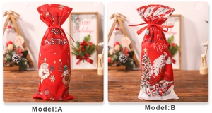 Close-up of linen Christmas wine gift bags featuring Santa Claus and Gnome prints