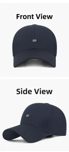 Detail view of navy blue baseball cap with embroidered SP logo and fine twill texture