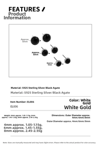 Detailed size chart for S925 sterling silver black agate studs in 4mm 6mm and 8mm sizes
