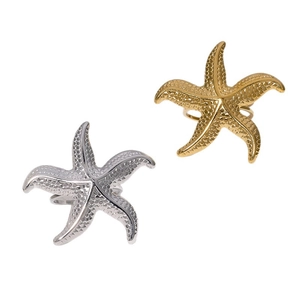 Starfish shaped stainless steel open ring set in gold and silver metallic finishes