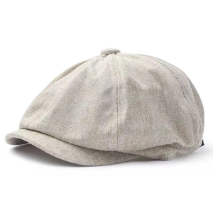 Breathable linen octagonal newsboy hat in beige with textured vintage design for men