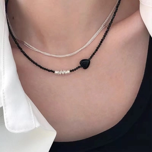 Heart Crystal Splicing Round Bead Necklace Black Faceted Beads Silver Tone Niche Design Clavicle Chain Alloy