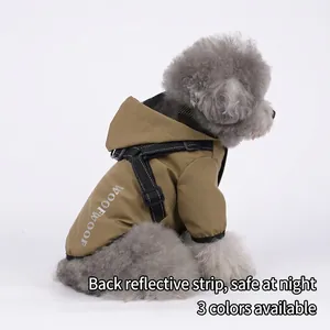 Waterproof khaki dog raincoat with reflective harness and WOOF WOOF lettering