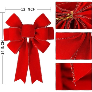 Details zur 12x14 Zoll roten Samt-Weihnachtsschleife mit Goldnaht und Metallbinder