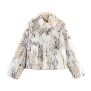 Women Faux Fur Coat Leopard Print Stand Collar Long Sleeve Short Jacket Warm Winter Outerwear Casual Elegant