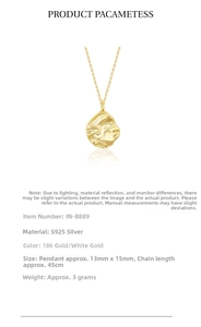 Detail view of 18k gold irregular circle pendant with hammered texture on S925 silver