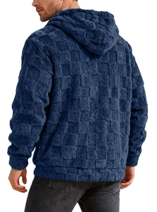 Close-up of men's navy blue fleece hoodie featuring a textured waffle check pattern on back