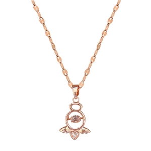 Rose gold titanium steel necklace with pink oval gem and angel wing heart pendant