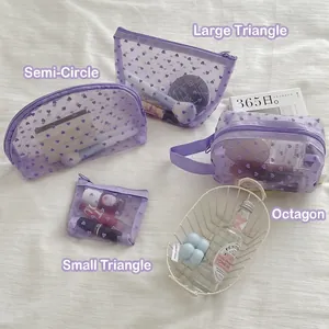 Four-piece set of purple heart print mesh cosmetic bags in various functional shapes