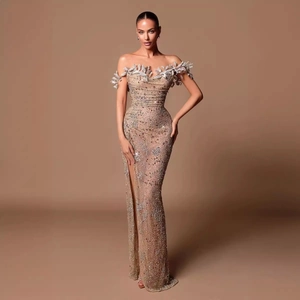 Off The Shoulder Evening Gown Sequins Beads 3D Leaf Applique Slit Floor Length Elegant Maxi Dress For Women