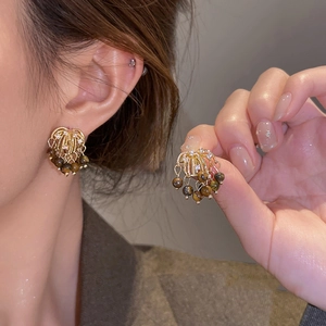 Vintage Fan Shape Stud Earrings With Tiger Eye Stone Rhinestone And Silver Earring Post Bohemian Style Women Jewelry