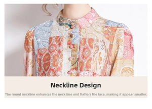 Detail of vintage-style mandarin collar with colorful button accents and floral patterns