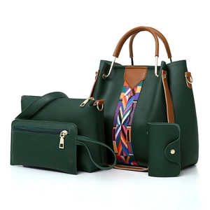 Set di borse in pelle PU verde scuro da 4 pezzi con tracolla etnica colorata e dettagli dorati