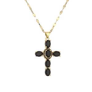 Gold chain necklace with black oval zircon cross pendant for women fashion accessory