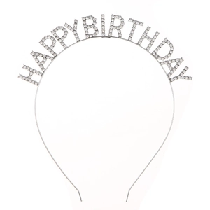Detailed close-up of a silver rhinestone Happy Birthday headband with sparkling crystals
