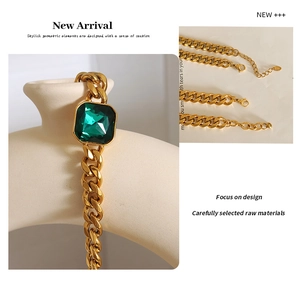 Detailed view of a gold-plated Cuban chain necklace featuring a square green gemstone