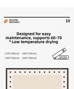 Washable chenille rug detail showing machine washable icons and low heat drying options