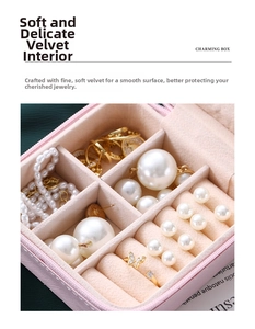 Detail of pink portable jewelry box with velvet lining and earring storage slots