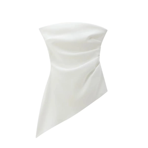 Minimalist white satin tube top with ruched design and asymmetrical hem on white background