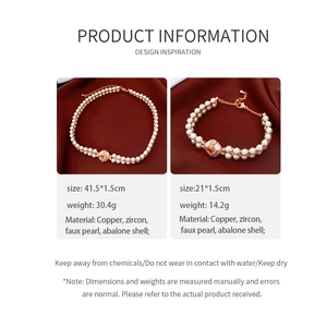 Detailed size and weight chart for pearl necklace and bracelet set in vintage gold finish