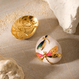 Gold-plated stainless steel oval earrings featuring colorful dragonfly enamel details