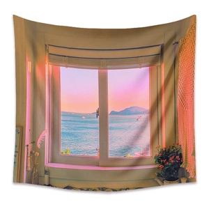 Detail of bohemian tapestry featuring a sunset ocean view and sailing boat mockup