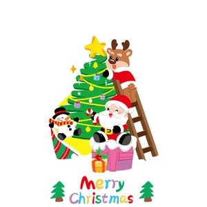 Cartoon Christmas window stickers featuring Santa, snowman, reindeer and a festive tree