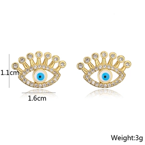 Detail view of evil eye earrings showing 1.1cm by 1.6cm dimensions and 3g weight