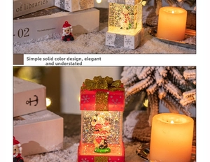 Detail showing lighted Christmas water lanterns with Santa and Snowman inside