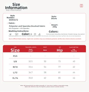 Guide des tailles de short de sport yoga en polyester élasthanne et cinq options de couleur