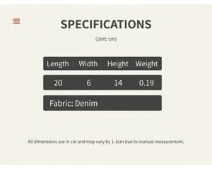 Size chart showing denim crossbody bag dimensions: 20cm x 6cm x 14cm, weight 0.19kg