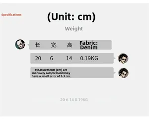 Size chart showing denim crossbody bag dimensions: 20cm x 6cm x 14cm, weight 0.19kg