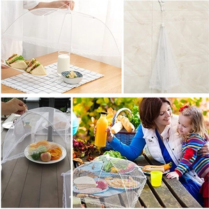 Collapsible rectangular white mesh food cover with lace trim for indoor and outdoor use