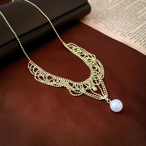 French vintage style multilayer gold lace beaded necklace with elegant pearl pendant