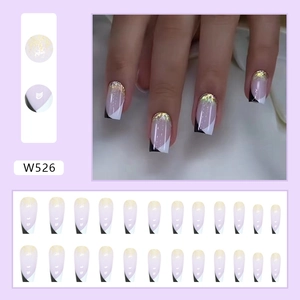 Faux ongles French manucure avec motifs géométriques violet noir et paillettes dorées