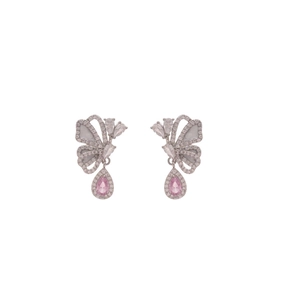Silver butterfly earrings with white shell wings and pink teardrop stone pendant