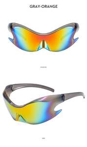 Front and side views of futuristic Y2K wraparound sunglasses with gray-orange gradient lenses