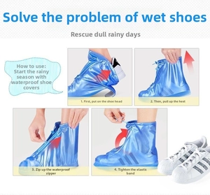 Detail guide showing steps to wear waterproof PVC shoe covers with zipper and drawstring