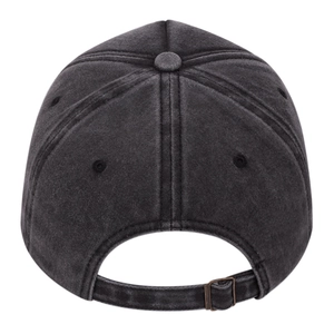 Rear view of washed grey cotton baseball cap showing adjustable strap and metal buckle