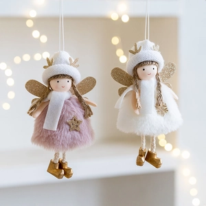 Plush Christmas Angel Girl Hanging Ornament With Deer Antlers Wings Pink White Furry Doll Christmas Tree Decorations Xmas Gift