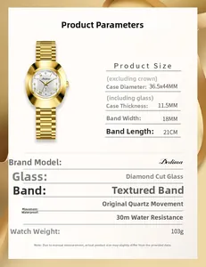 Detail of luxury gold quartz watch with diamond-cut glass mirror and technical specs