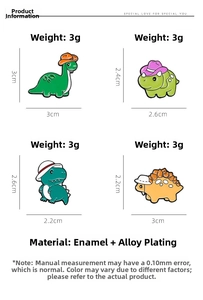 Detail view of four cartoon enamel dinosaur pins with sizes and 3g weight specifications