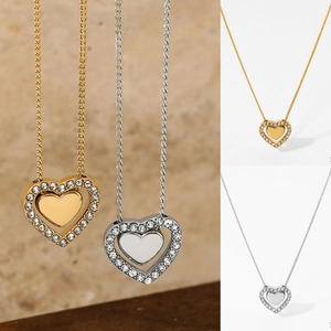 Nested Heart Pendant Necklace Stainless Steel Gold Plated Rhinestone Pave Hearts Fashion Jewelry For Women