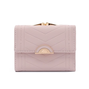 Detail of pink PU leather wallet featuring V-shaped stitching and golden metal buckle clasp