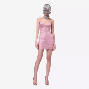 Robe Moulante Sexy Rose À Paillettes Et Pois Dos Nu À Bretelles Col En V Amincissante Pour Soirée Femmes