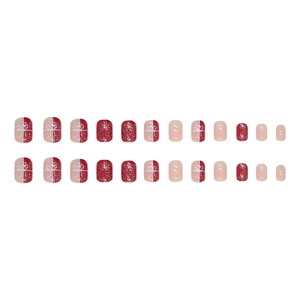 Short square red Christmas press-on nails with glitter rhinestones and bow designs
