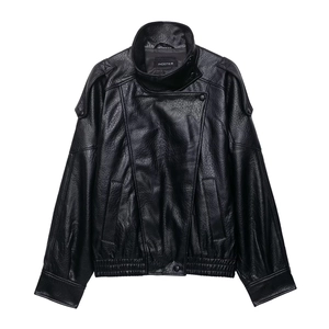 Women Faux Leather Biker Jacket Stand Collar Asymmetric Zip Moto Coat With Epaulettes Vintage Black Streetwear Outerwear