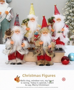 Detail of four festive Santa Claus dolls with red plaid, gold accents, and faux fur textures