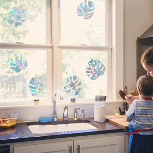 Rainbow prism suncatcher window film showing monstera leaf pattern with sunlight reflection